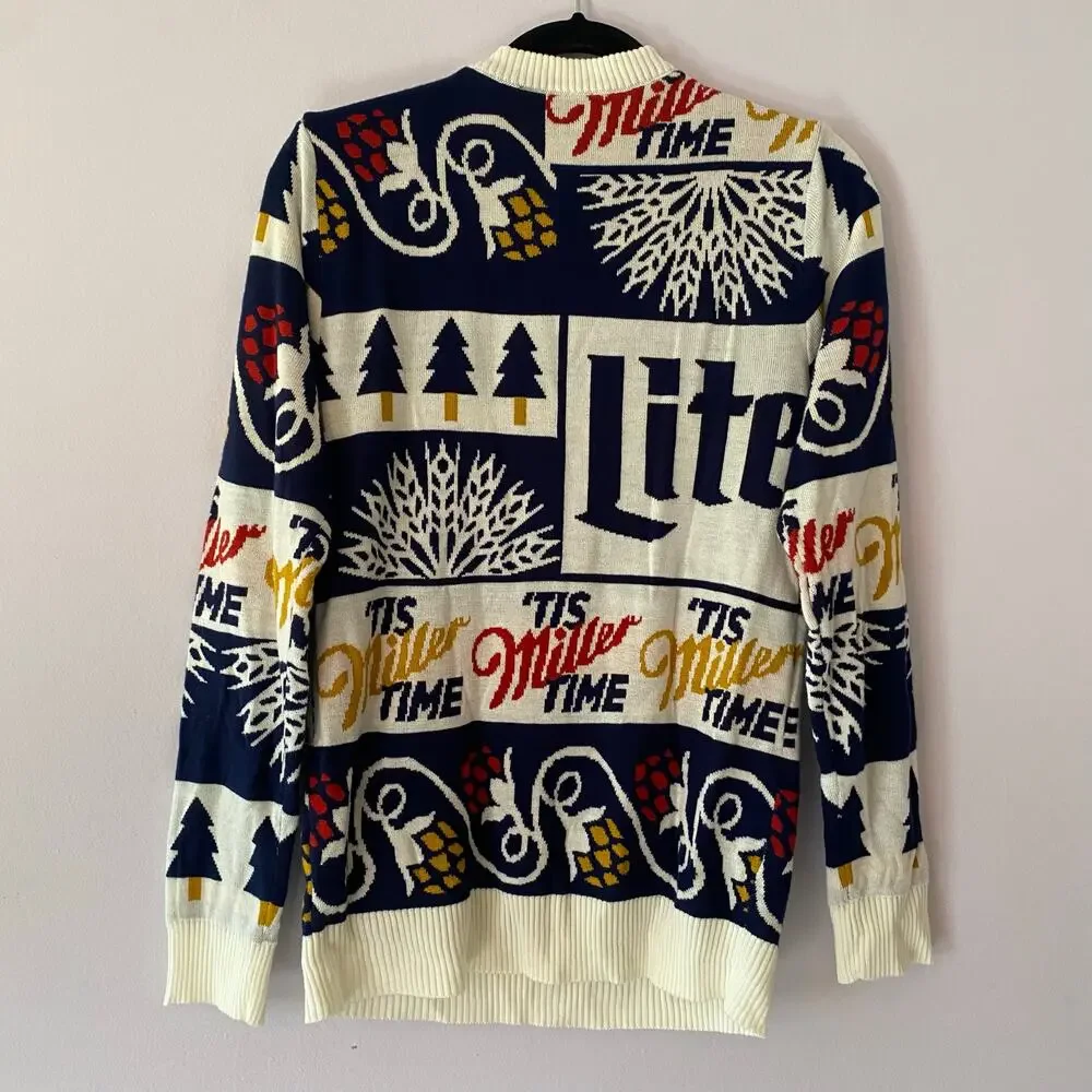 Miller Lite Ugly Christmas Holiday Sweater Crewneck Navy Blue White Men's Small